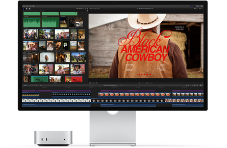 Mac mini asociat cu Studio Display, ecranul afișează un titlu dintr-un film intitulat Black American Cowboy în partea dreaptă, iar în partea stângă mai multe imagini statice