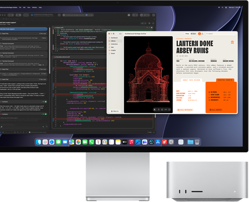 Studio Display XDR, pe ecran este afișat un document în proces în Claude Agent în XCode, Mac Studio, vedere frontală