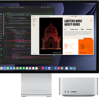 Studio Display XDR, pe ecran este afișat un document în proces în Claude Agent în XCode, Mac Studio, vedere frontală