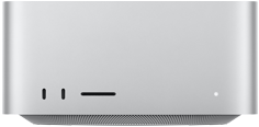 Mac Studio, vedere frontală, două porturi USB‑C, slot card SDXC, indicator luminos de stare, bază conică în partea de jos, suprafață plată în partea de sus, laturi rotunjite, margini drepte, culoare Argintiu, Mac Studio, vedere spate, aerisire din aluminiu perforat, patru porturi Thunderbolt 5, un port Ethernet, o priză de alimentare, două porturi USB-A, un port HDMI, mufă pentru căști și buton de pornire