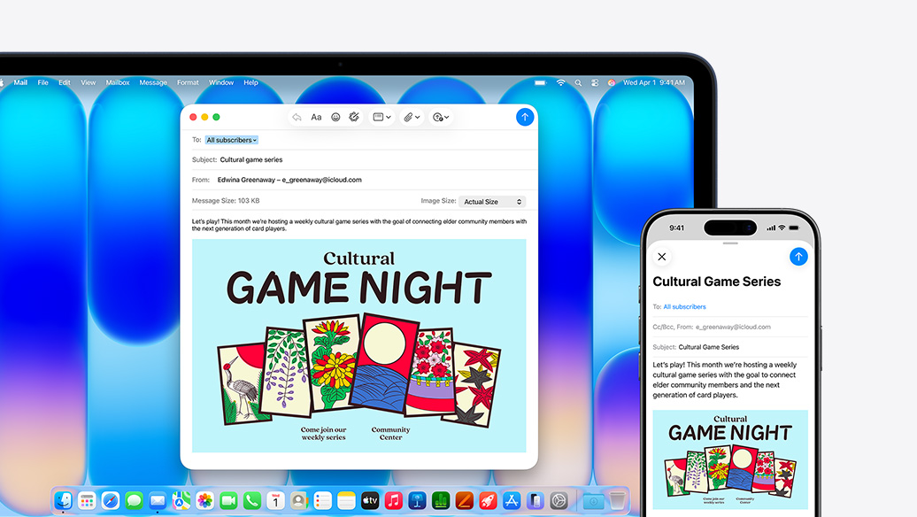 MacBook Neo, indigo colour, next to iPhone, both screens show the same email, announcing an event at a community center