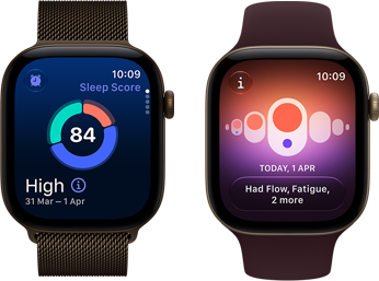 Two Apple Watch Series 12 devices, dark bronze aluminum case, sleep score circle graph, Digital Crown, dark bronze Milanese Loop band, light gold aluminum case, Cycle Tracking, burgundy Sport Band