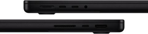 Showing the ports on MacBook Pro — left side: MagSafe 3, two Thunderbolt ports, and headphone jack — right side: SDXC card slot, one Thunderbolt port, and HDMI