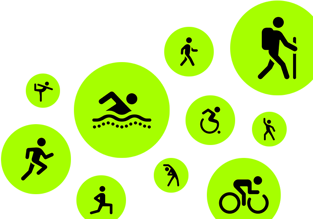 Ikony apky Tréning, animovaní panáčikovia bežia, kráčajú, plávajú, používajú vozík, sú na&nbsp;túre, bicyklujú, robia výpad, tancujú, naťahujú sa a&nbsp;cvičia jogu