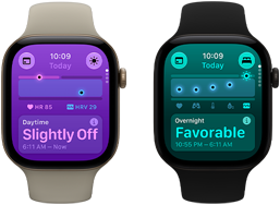 Dve zariadenia Apple Watch Series 12: kryt z hliníka v svetlozlatej farbe, hodnoty denných vitálnych funkcií vykazujú miernu odchýlku, korunka Digital Crown, športový remienok v pieskovej béžovej, kryt z hliníka v čiernej farbe, hodnoty nočných vitálnych funkcií sú priaznivé, korunka Digital Crown, čierny športový remienok