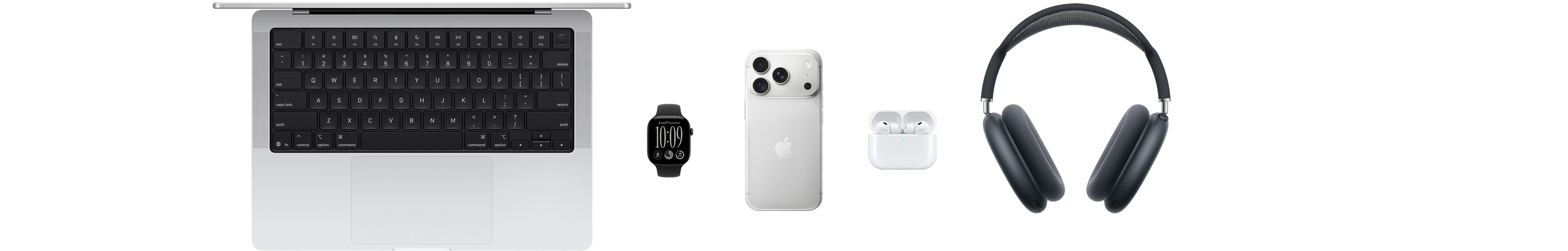 ผลิตภัณฑ์ Apple ที่หลากหลาย ได้แก่ MacBook, Apple Watch Series 11, iPhone 17 Pro, AirPods Pro รุ่นที่ 3, AirPods Max, Apple Vision Pro, Apple Pencil Pro และ iPad Pro