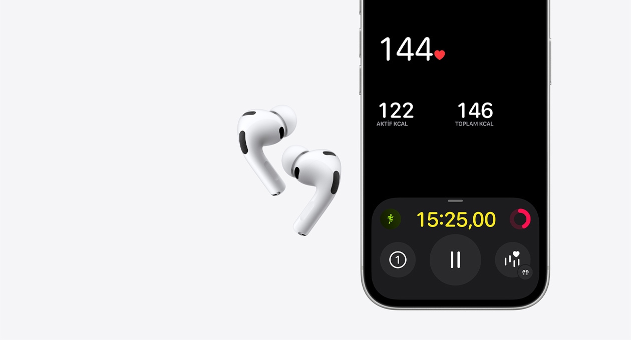 AirPods Pro 3, beyaz renk, iPhone 17 Pro ekranının alt yarısı, Fitness uygulaması, kalp atış hızı algılama özelliği