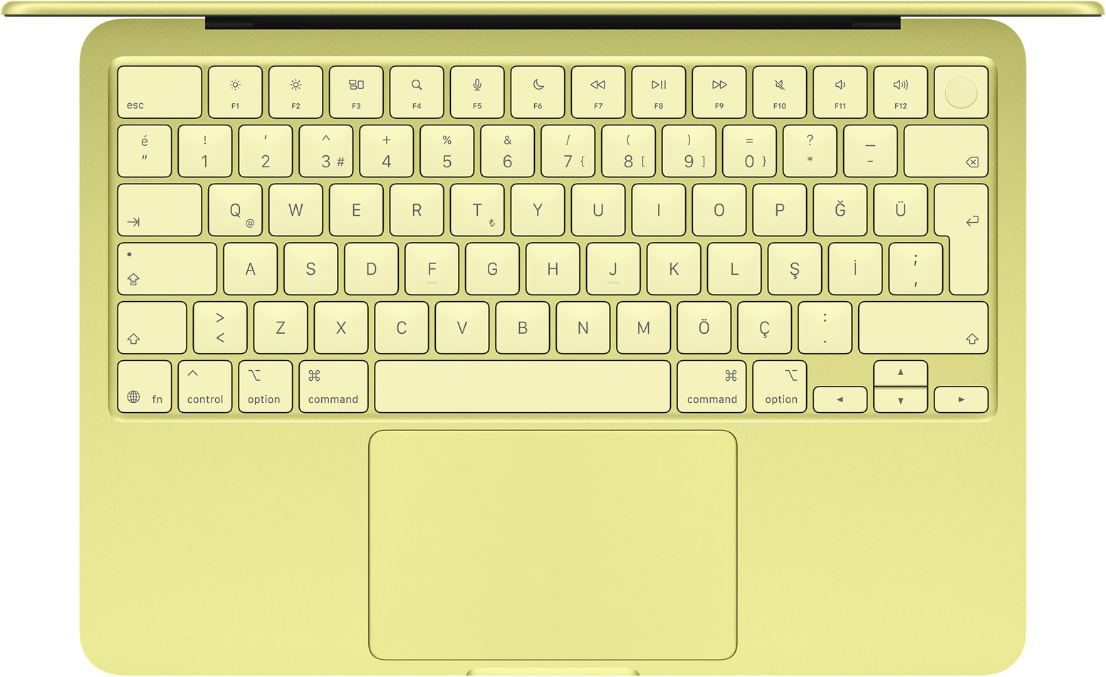 MacBook Neo, üstten görünüm, klavye, tam boy işlev tuşu sırası, Touch ID düğmesi, trackpad, puslu sarı renk