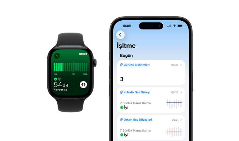 Apple Watch Series 12, alüminyum kasa, siyah renk, Gürültü uygulaması, Spor Kordon, siyah renk, saatle eşleştirilmiş iPhone’da İşitme özelliğinin detaylı günlük özeti açık