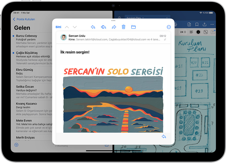 iPad’de yan yana Mail ve GoodNotes uygulamaları
