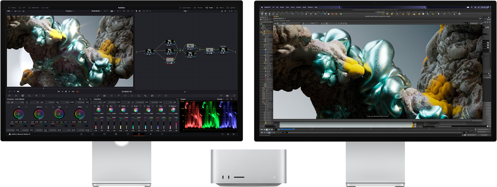 Studio Display, ekranda soyut ve çok renkli bir görselin yakınlaştırıldığı DaVinci Resolve Studio uygulaması gösteriliyor, Mac Studio, önden görünüm, Studio Display XDR, ekranda aynı görselin daha da yakınlaştırıldığı Houdini ve Maxon Redshift uygulamaları gösteriliyor