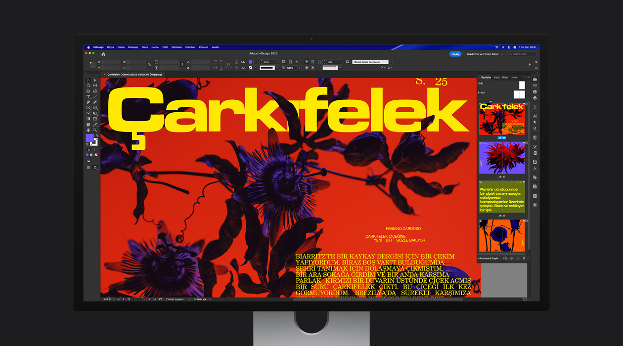 P3 + Adobe RGB renk alanının vurgulandığı canlı renklere sahip bir dergi sayfasının gösterildiği Adobe InDesign 2026 dosyası