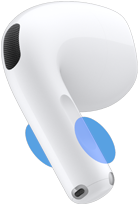 Навушник AirPods 5 ззовні, синіми колами на основі позначено зони, до яких потрібно торкатися для зміни гучності