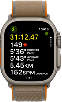 Apple Watch Ultra 4, титановий корпус натурального кольору, розширені показники тренування «Біг надворі», правий бік корпусу, коронка Digital Crown, рельєфна бічна кнопка, браслет Trail пісочного кольору