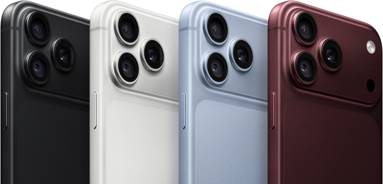 Пристрої iPhone 18 Pro в ряд, вид ззаду, усі чотири кольори: чорний, «арктичний лід», сріблястий, бордовий, професійна система камер Fusion угорі ліворуч, 3 об’єктиви, мікрофон, спалах