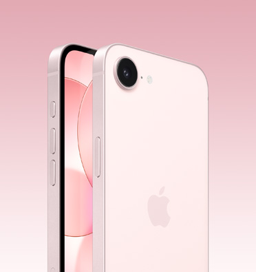 iPhone 17e світло-рожевого кольору cпереду та ззаду, видно частину екрана й задню панель з логотипом Apple і камерою, а також бічні кнопки дії та регулювання гучності.
