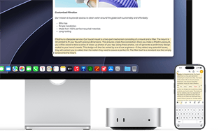 Mac mini, вид спереду, розміщений під Studio Display, iPhone розташовано праворуч від пристрою та дисплея, виділений текст із командами «Вирізати», «Копіювати», «Вставити» та «Автозаповнення» вгорі на iPhone, такий самий виділений текст на дисплеї — демонстрація універсального буфера обміну