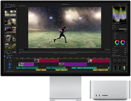 Studio Display XDR з підставкою, Mac Studio ідеально розташовано під дисплеєм, на екрані відображається робочий процес із використанням інструментів для монтажу відео та корекції кольору