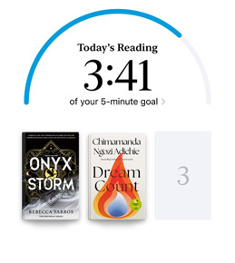iPhone screen showing the Reading Goals interface in the Books app. At the top, there is a progress ring for a reading goal. Below the progress ring are three book covers. Beneath the book covers is text that one more book is needed to reach the 2024 goal of reading eight books.