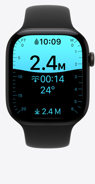 Apple Watch Series 12, aluminium case, black colour, Depth app screen, dive at 2.4 metres, Sport Band, black colour