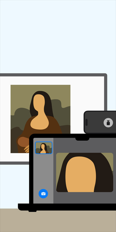 MacBook ekranındaki Büyüteç uygulamasının animasyonlu illüstrasyonunda, beyaz bir tahtada gösterilen Mona Lisa görüntüsüne yakınlaştırma yapılıyor