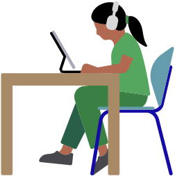 Woman wearing AirPods Max and using an iPad while sitting at a desk