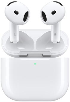 سماعات AirPods 5: لون أبيض، سماعات أذن بشكل بيضاوي، جذعان قصيران، علبة شحن، تصميم سلس مع فتحة لمكبر الصوت، مؤشر LED خارجي للطاقة، الغطاء مفتوح ومثبت بمفصل فضي