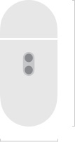 Sketch of MagSafe Charging Case (USB-C), rounded case exterior, side exterior, LED power indicator, case lid closed, height in inches and millimetres, width in inches and millimetres