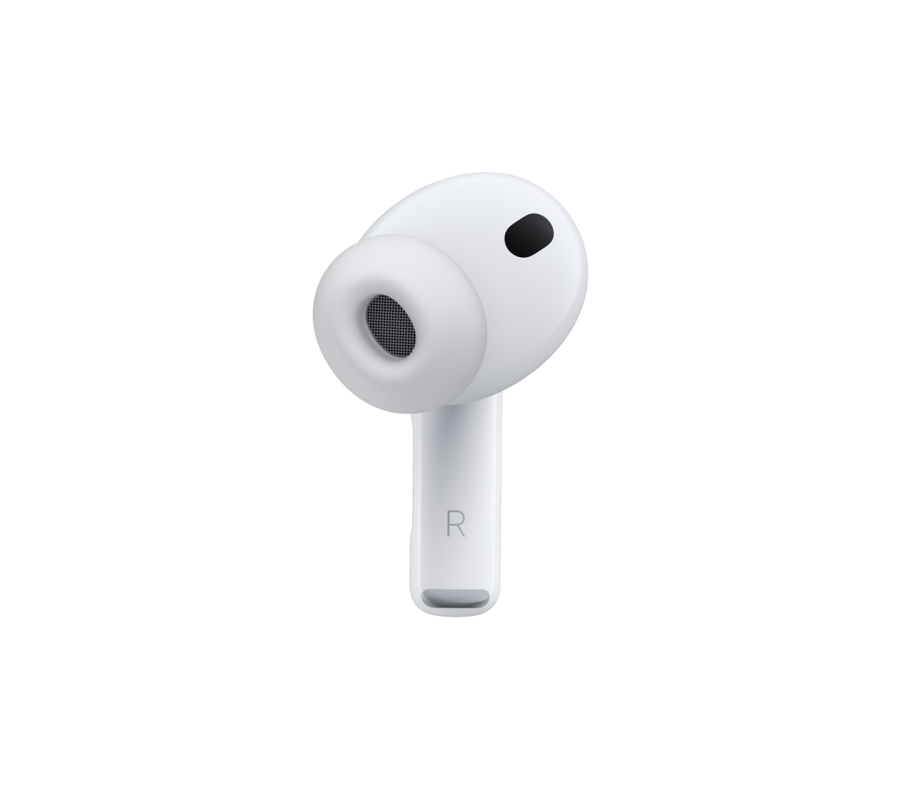 AirPods Pro 3, white color, noise-cancelling microphone, silicone tip, short stem features letter R