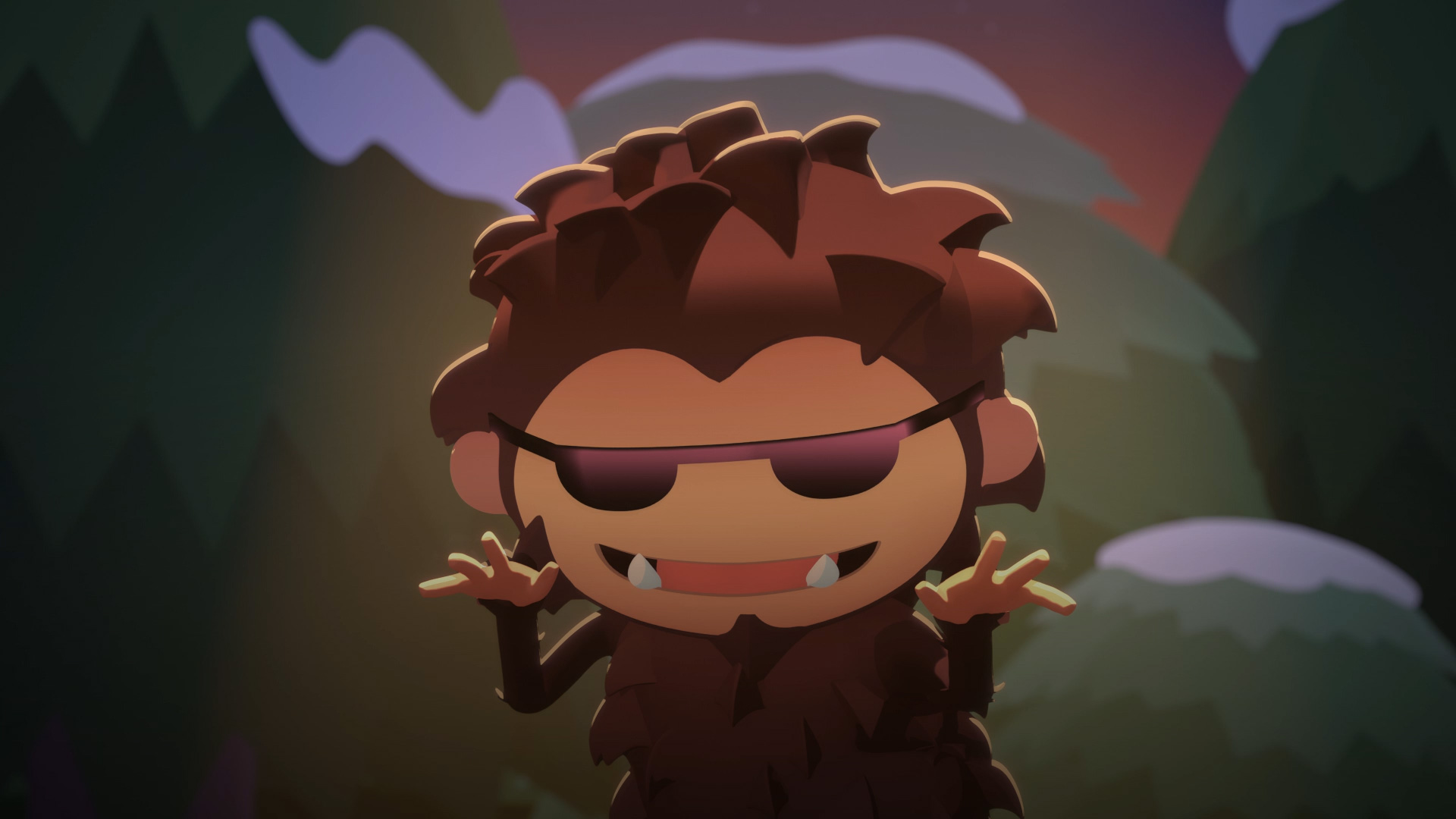 Gece güneş gözlüğü takmış, karlı bir ormanda dans eden Sneaky Sasquatch.