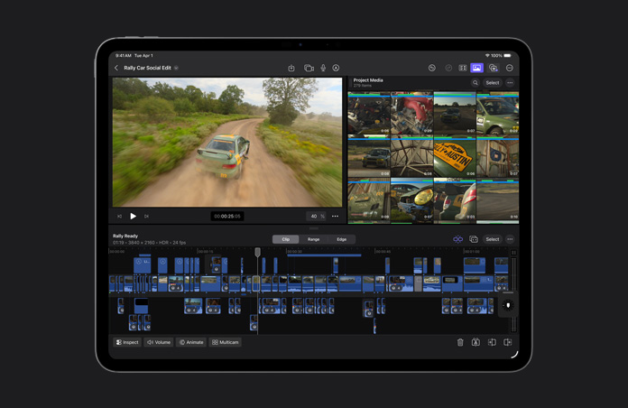 13 inç iPad Pro ekranı, Final Cut Pro arayüzü ve açık bir yolda giden yeşil bir arabanın görüldüğü zaman çizelgesi