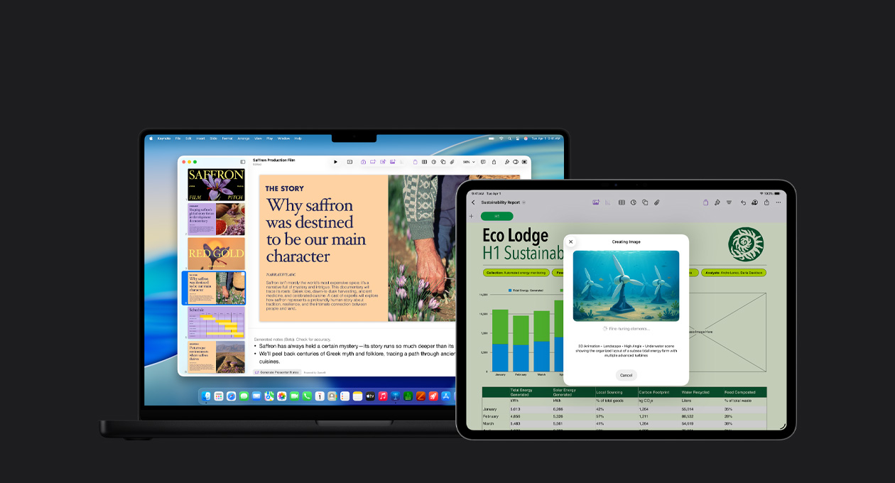 13 inç iPad Pro ekranı, bir raporun grafik, tablo ve görseller içeren slaytı, 16 inç MacBook Pro ekranının sol tarafında birden fazla slaytın yer aldığı Keynote sunumu ve alt kısmında oluşturulmuş sunucu notları gösteriliyor