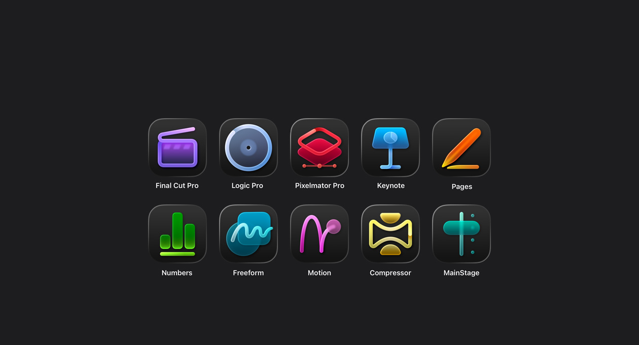 Apple Creator Studio uygulama simgeleri: Final Cut Pro, Logic Pro, Pixelmator Pro, Keynote, Pages, Numbers, Freeform, Motion, Compressor, MainStage