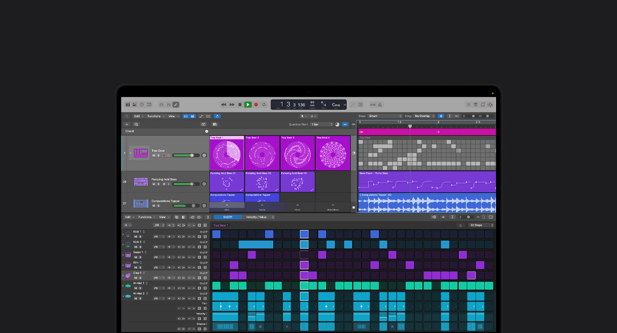 16 inç MacBook Pro ekranı, Logic Pro arayüzünde Crunchy Synth: Piano Chamber ses dalgaları penceresi açık ve arka planda enstrümanlar ve efektler görünüyor