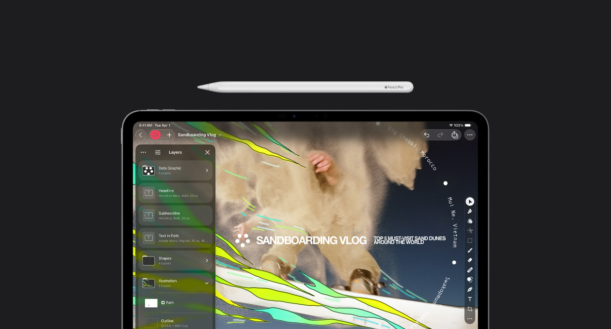 13 inç iPad Pro’nun üzerinde duran Apple Pencil, ekranda Pixelmator Pro katmanlar araç kiti, grafik tasarım araç kiti, kum sörfü vlog dosyası gösteriliyor