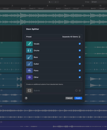 Logic Pro arayüzü, Stem Splitter’daki vokal, bas, davul, gitar, piyano ve diğer seçenekler