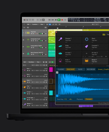 13 inç iPad Pro ekranı, Logic Pro’nun ritim oluşturma araçları, hareketli döngüler ve ifadelerden oluşan renkli ızgara