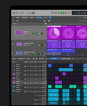 16 inç MacBook Pro ekranı, Logic Pro arayüzünde Crunchy Synth: Piano Chamber ses dalgaları penceresi açık ve arka planda enstrümanlar ve efektler görünüyor