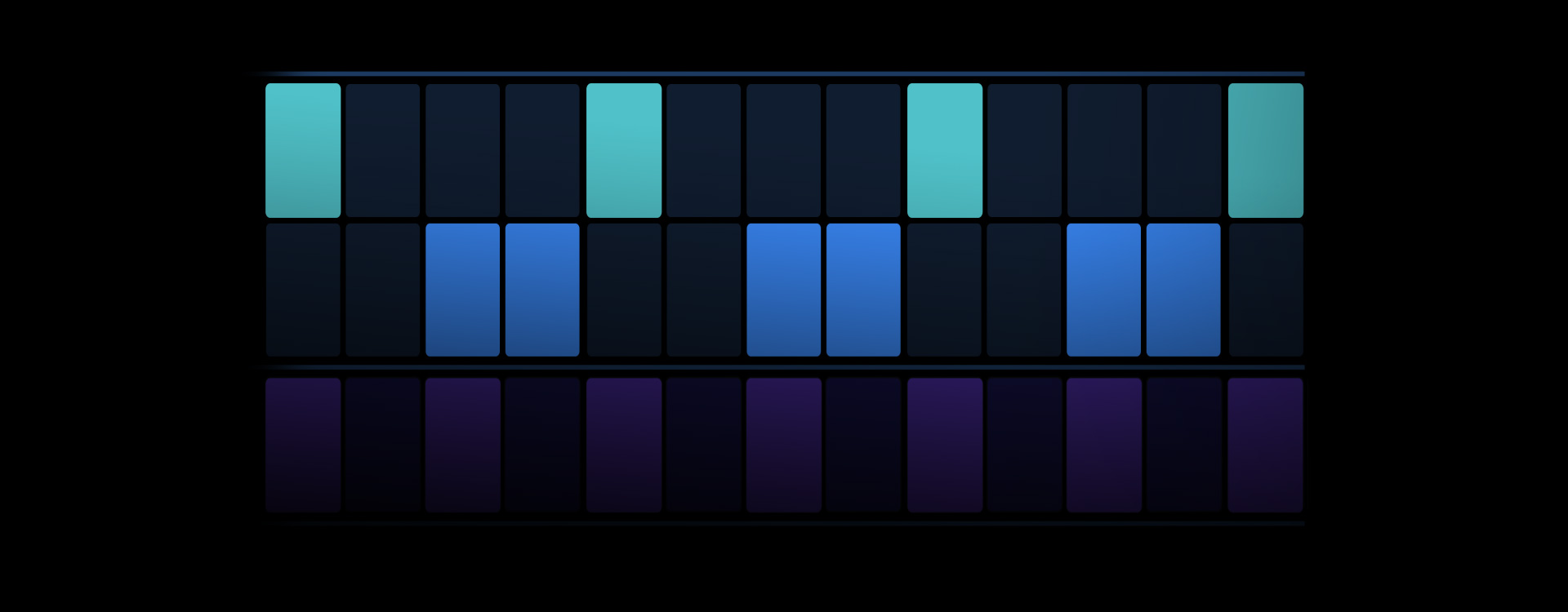 Logic Pro ekranı, turkuaz, lacivert ve mor düğmelerle ritim sıralama arayüzü