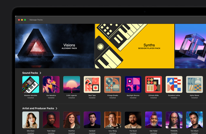 16 inç MacBook Pro ekranı, Logic Pro Ses Arşivi, Synths Session Player Paketi, Visions Alchemy Paketi, Dancefloor Rush Drum ve Bass Paketi, bir sıra Ses Paketi, bir sıra Sanatçı ve Yapımcı Paketi, bir sıra Enstrüman paketi
