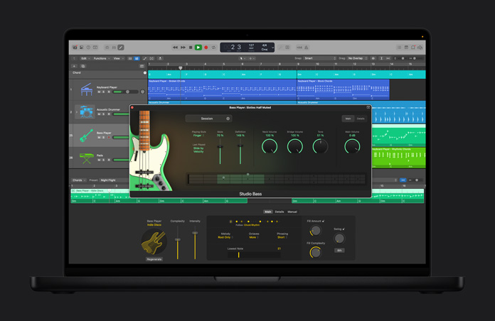 16 inç MacBook Pro ekranı, Logic Pro arayüzünde AI Session Players ve farklı ses seviyelerini içeren Bass Player: Sixtie Half Muted adlı açık pencere gösteriliyor