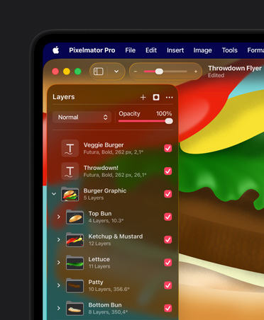 Pixelmator Pro katman oluşturma araçları, düzenleme araçları, bir broşür için hamburger grafiği
