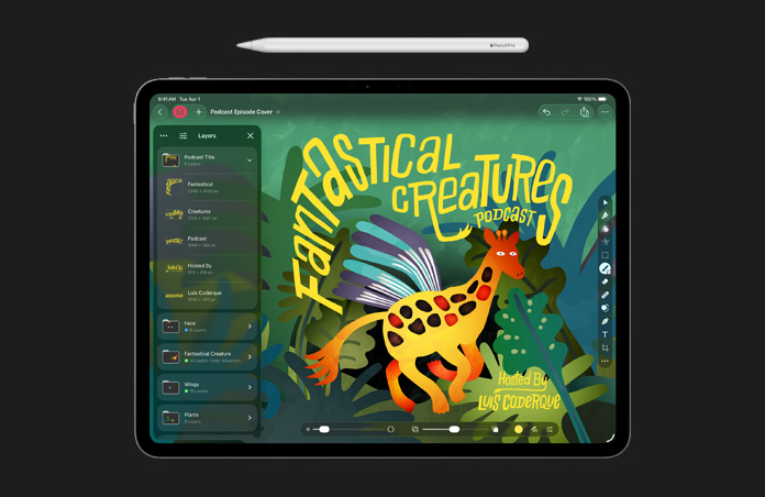 Apple Pencil, 13 inç iPad Pro ekranı, Pixelmator Pro, bir podcast bölümü kapağı illüstrasyonu, katman oluşturma araç kiti