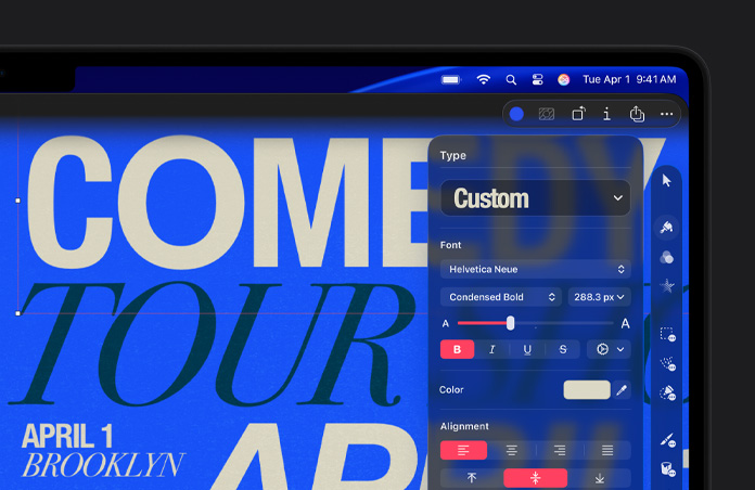 Mavi arka planda beyaz ve siyah tipografik öğeler bulunan Pixelmator Pro çalışma alanı, sağda araç kiti çubuğu