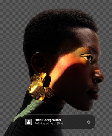Pixelmator Pro arayüzünde bir kişinin yandan çekilmiş görseli ve Arka Plan Silme aracı yer alıyor