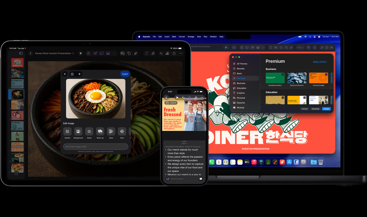 13 inç iPad Pro ekranındaki Keynote uygulamasında sebze ve kızarmış yumurta içeren üretken yapay zeka görseli, iPhone 16 ekranındaki Keynote uygulamasında iki kadının fotoğrafı ve sunucu notları, 16 inç MacBook Pro ekranındaki Keynote uygulamasında Tema penceresinin açık olduğu bir sunum gösteriliyor