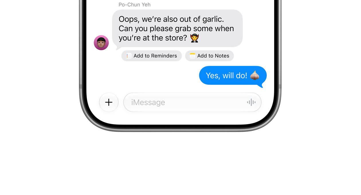 iPhone 18 Pro, Gümüş Rengi, önden görünüm, ekranda sarımsağın bittiğini söyleyen bir mesaj ile Anımsatıcılar veya Notlar’a ekleme seçenekleri, mavi renkte gönder düğmesi ve “Yes, will do!” yazısı görünüyor