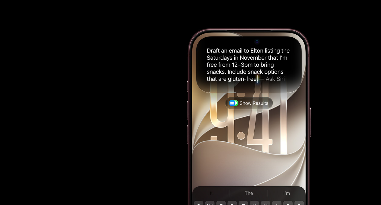 iPhone 18 Pro, Burgonya Rengi, ekranda Siri’ye Sor yazısının yer aldığı bir istem gösteriliyor: Elton’a Kasım ayı boyunca 12:00-15:00 arasında müsait olduğum Cumartesi günlerini yazıp atıştırmalık getirebileceğimi söylediğim bir mail taslağı oluştur. Glutensiz atıştırmalık seçenekleri ekle