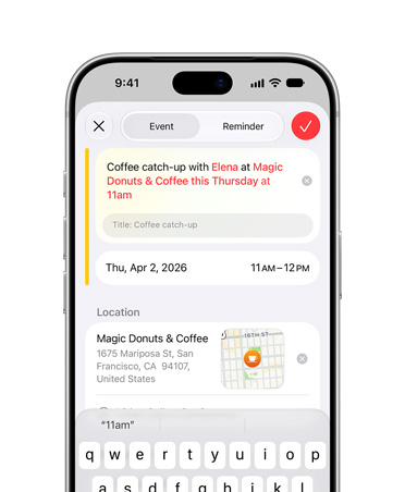 iPhone 18 Pro, Gümüş Rengi, ekranda kullanıcının verdiği açıklamalara göre Apple Intelligence ile bir Takvim etkinliği oluşturulduğu gösteriliyor