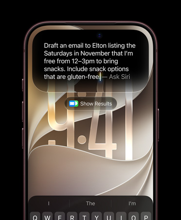 iPhone 18 Pro, Burgonya Rengi, ekranda Siri’ye Sor yazısının yer aldığı bir istem gösteriliyor: Elton’a Kasım ayı boyunca 12:00-15:00 arasında müsait olduğum Cumartesi günlerini yazıp atıştırmalık getirebileceğimi söylediğim bir mail taslağı oluştur. Glutensiz atıştırmalık seçenekleri ekle